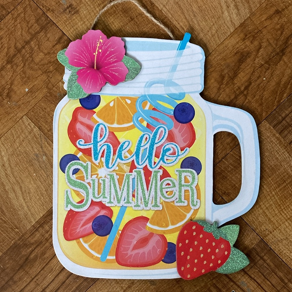 🟣 4/$15 Summer Party Mason Jar Sign with Fruit Design NEW 3D strawberry